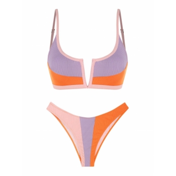 ZAFUL Ribbed Colorblock V Wired High Leg Bikini Swimwear L