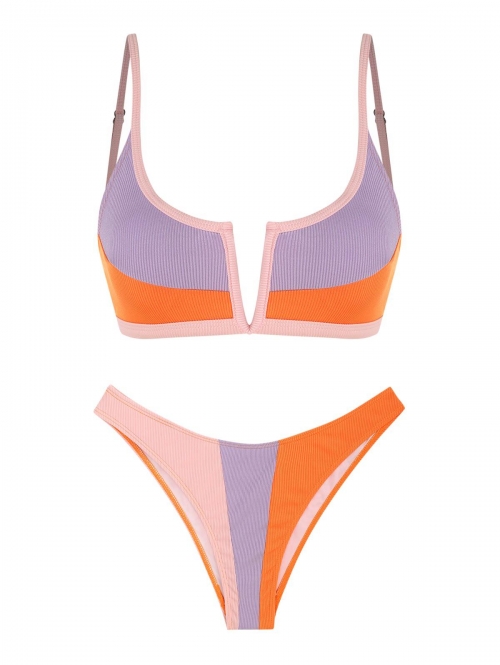 ZAFUL Ribbed Colorblock V Wired High Leg Bikini Swimwear L