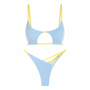 ZAFUL Ribbed Contrast Strap Cut Out Thong Bikini Swimwear M Light blue