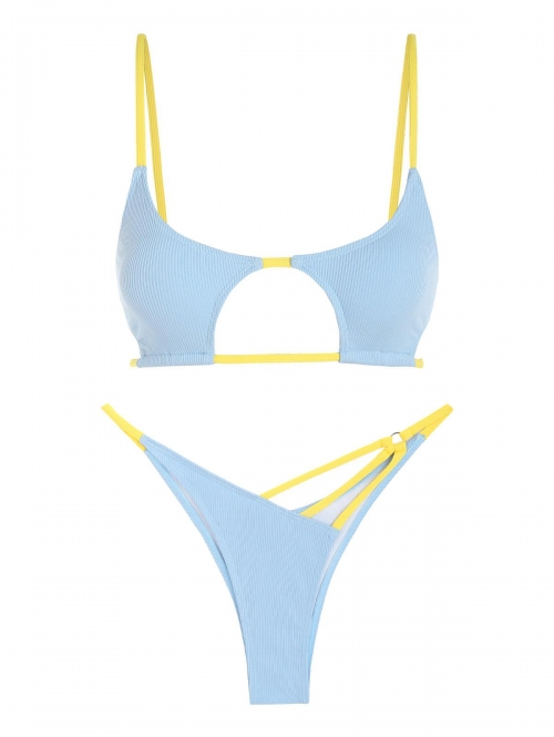 ZAFUL Ribbed Contrast Strap Cut Out Thong Bikini Swimwear M Light blue