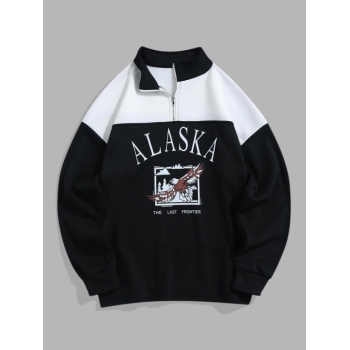 ZAFUL Men's Streetwear Vintage ALASKA Graphic Eagle Printed Colorblock Fleece Quarter Zip Sweatshirt L