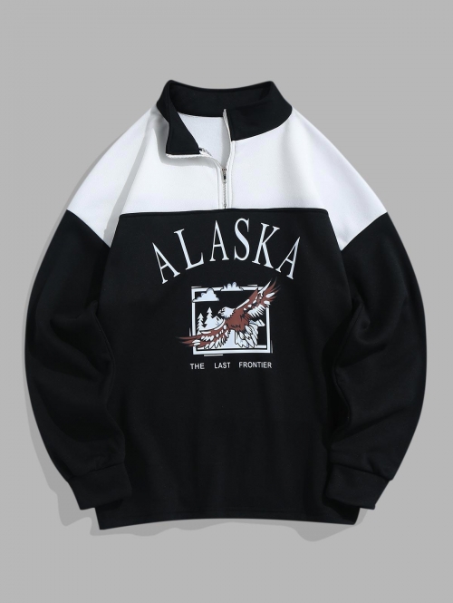 ZAFUL Men's Streetwear Vintage ALASKA Graphic Eagle Printed Colorblock Fleece Quarter Zip Sweatshirt L