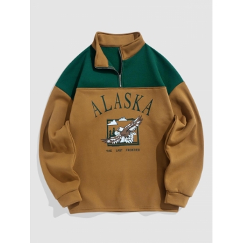 ZAFUL Men's Streetwear Vintage ALASKA Graphic Eagle Printed Colorblock Fleece Quarter Zip Sweatshirt Xl Coffee