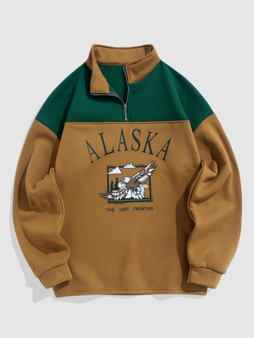 ZAFUL Men's Streetwear Vintage ALASKA Graphic Eagle Printed Colorblock Fleece Quarter Zip Sweatshirt Xl Coffee