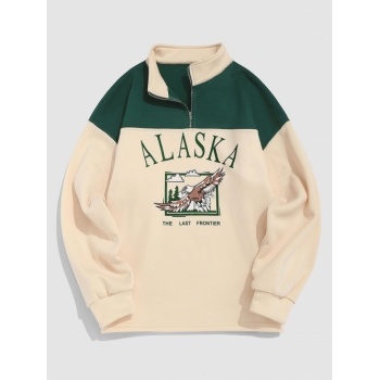 ZAFUL Men's Streetwear Vintage ALASKA Graphic Eagle Printed Colorblock Fleece Quarter Zip Sweatshirt L Light yellow