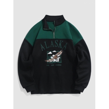 ZAFUL Men's Streetwear Vintage ALASKA Graphic Eagle Printed Colorblock Fleece Quarter Zip Sweatshirt M Multi a