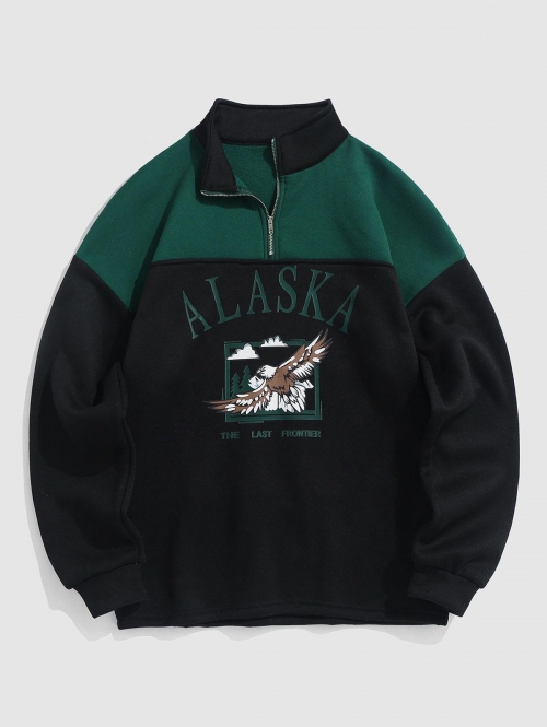 ZAFUL Men's Streetwear Vintage ALASKA Graphic Eagle Printed Colorblock Fleece Quarter Zip Sweatshirt L Multi a