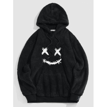 ZAFUL Men's ZAFUL Cartoon Face Embroidered Streetwear Faux Fur Fuzzy Hoodie L Black