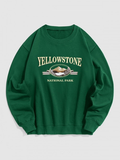 ZAFUL Men's Streetwear Yellow Stone Mountain Scenic Vintage Graphic Crewneck Sweatshirt L Deep green