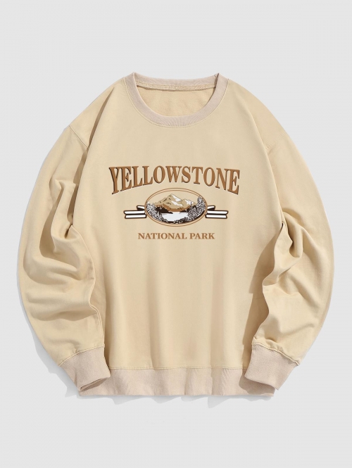 ZAFUL Men's Streetwear Yellow Stone Mountain Scenic Vintage Graphic Crewneck Sweatshirt Xl Light coffee