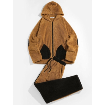 ZAFUL Men's ZAFUL Color Block Fluffy Hooded Jacket and Pants Set Outfit S Coffee