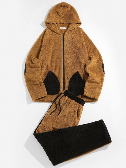 ZAFUL Men's ZAFUL Color Block Fluffy Hooded Jacket and Pants Set Outfit S Coffee