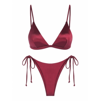 ZAFUL Shiny Silky Tie Side Tanga Bikini Swimwear L Deep red