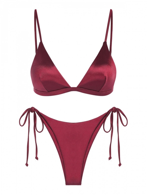 ZAFUL Shiny Silky Tie Side Tanga Bikini Swimwear L Deep red