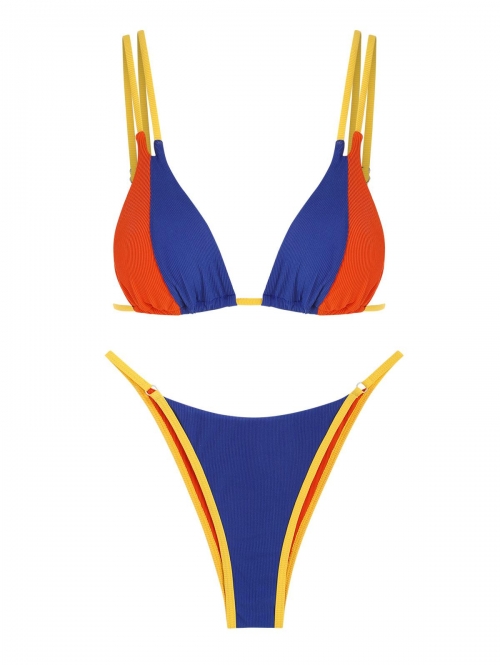 ZAFUL Ribbed Colorblock Binding String Bikini Swimwear M Blue