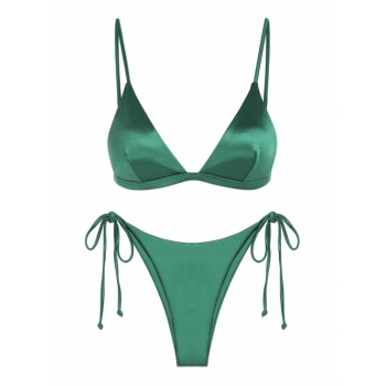 ZAFUL Shiny Silky Tie Side Tanga Bikini Swimwear L Deep green