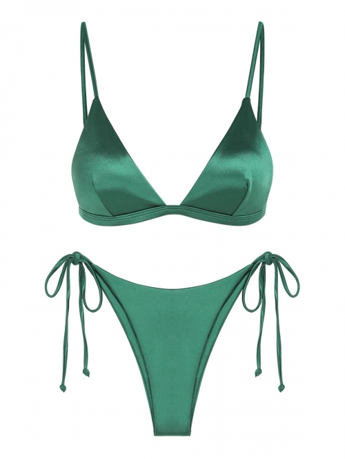 ZAFUL Shiny Silky Tie Side Tanga Bikini Swimwear L Deep green