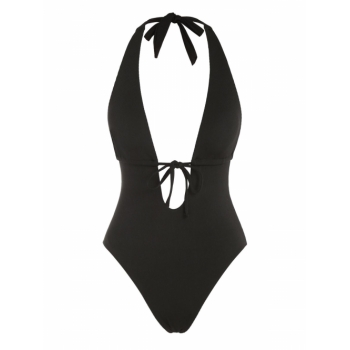 ZAFUL Halter Tie Front Ribbed Cheeky One-piece Swimsuit L Black