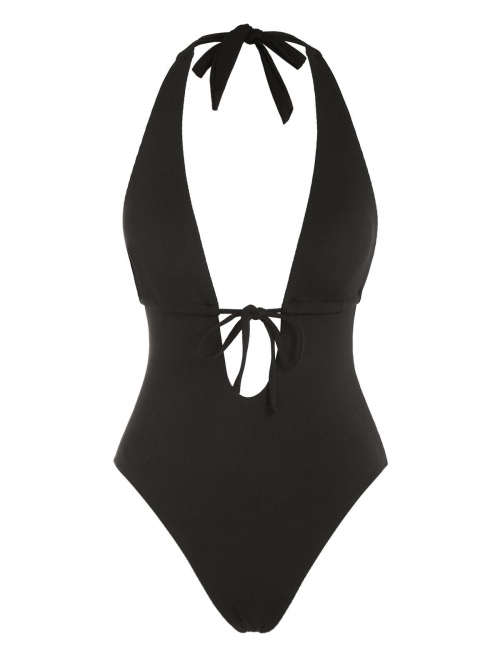 ZAFUL Halter Tie Front Ribbed Cheeky One-piece Swimsuit L Black