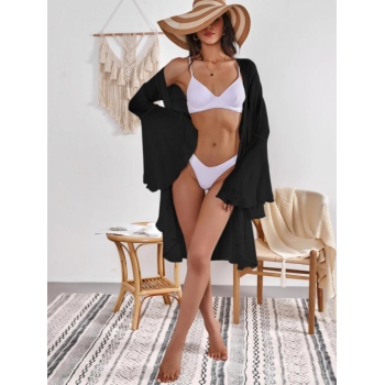 Women Beach Belted Bell Sleeve Longline Cover Up Black