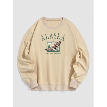 ZAFUL Men's Blokecore Streetwear ALASKA Eagle Graphic Print Pullover Vintage Sweatshirt S Light coffee