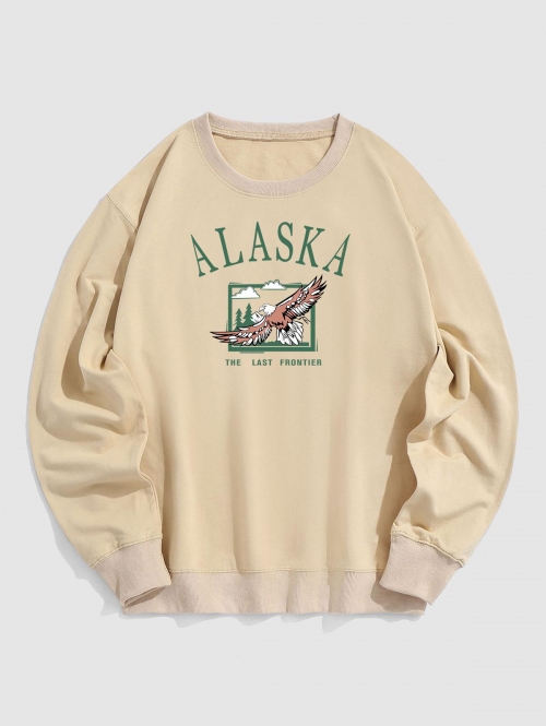 ZAFUL Men's Blokecore Streetwear ALASKA Eagle Graphic Print Pullover Vintage Sweatshirt S Light coffee