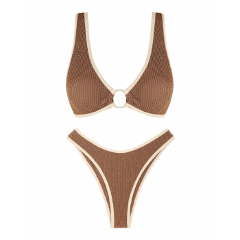 ZAFUL Crinkle Textured Contrast Piping O-ring Bikini Swimwear M Deep coffee