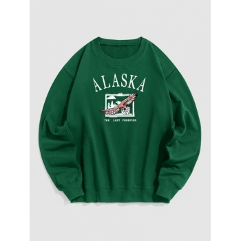 ZAFUL Men's Blokecore Streetwear ALASKA Eagle Graphic Print Pullover Vintage Sweatshirt L Deep green