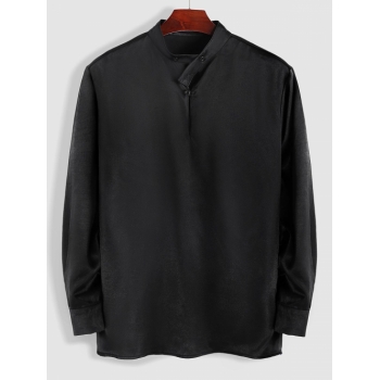 ZAFUL Men's ZAFUL Chinese Style Solid Color Mandarin Collar Long Sleeves Shirt M Black