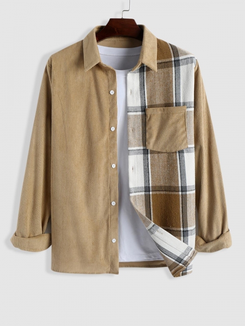 ZAFUL Men's Two Tone Plaid Spliced Long Sleeves Shirt L Coffee