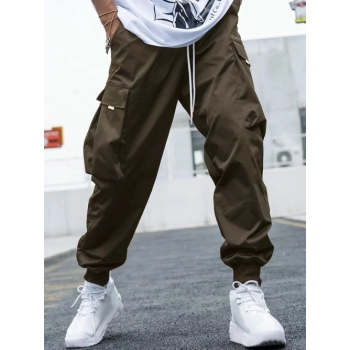 ZAFUL Men's Men's Flap Pocket Drawstring Elastic Waist Streetwear Casual Techwear Jogger Cargo Pants L Deep coffee