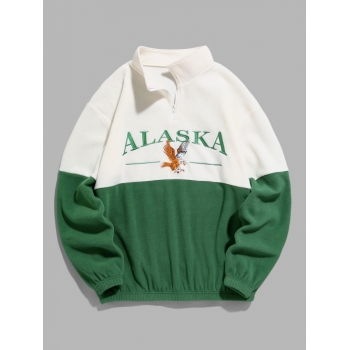 ZAFUL Men's ZAFUL Quarter Zip Design ALASKA Embroider Two Tone Polar Fleece Sweatshirt L Deep green