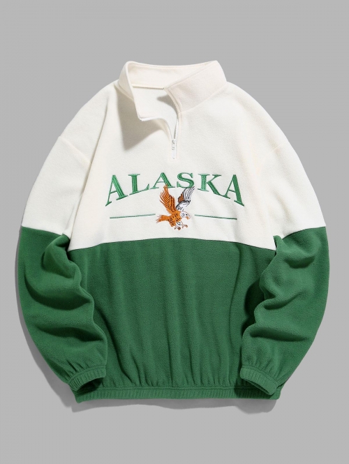 ZAFUL Men's ZAFUL Quarter Zip Design ALASKA Embroider Two Tone Polar Fleece Sweatshirt L Deep green