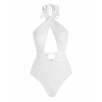 ZAFUL Ribbed Criss Cross Halter O Ring One-piece Swimsuit Xl White