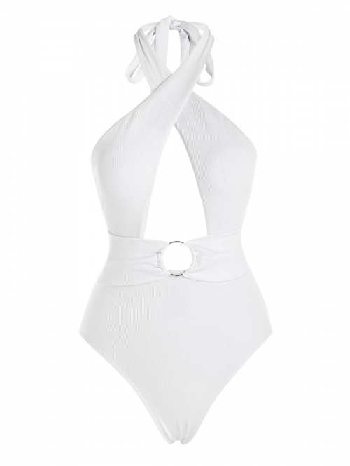 ZAFUL Ribbed Criss Cross Halter O Ring One-piece Swimsuit Xl White