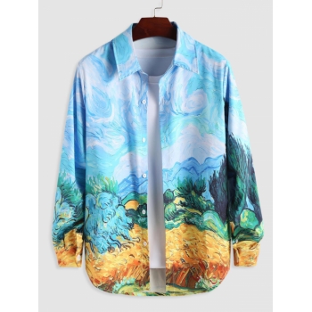 ZAFUL Men's ZAFUL Oil Painting Pattern Long Sleeves Shirt Xxl Light blue