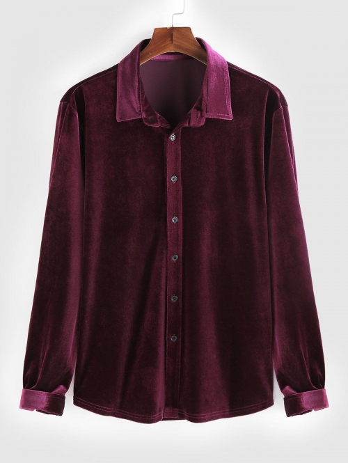 ZAFUL Men's ZAFUL Solid Color Button Front Long Sleeves Velvet Shirt L Deep red