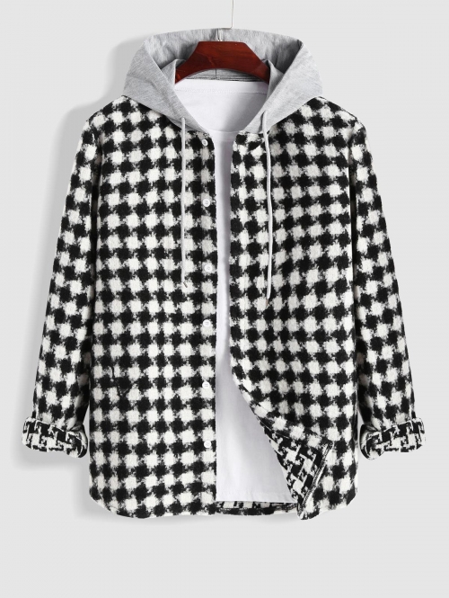 ZAFUL Men's Houndstooth Tweed Hooded Coat 2xl Black