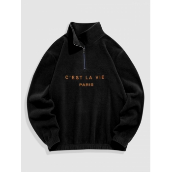 ZAFUL Men's ZAFUL Fuzzy C' EST LA VIE Letter Embroidered Quarter Zip Polar Fleece Sweatshirt L Black