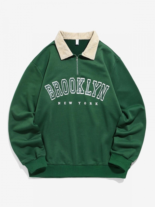 ZAFUL Men's ZAFUL BROOKLYN NEW YORK Half Zip Corduroy Sweatshirt L Deep green