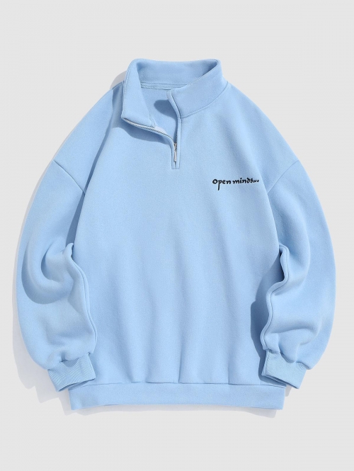 ZAFUL Men's ZAFUL Letter Embroidery Half Zip Fleece Lining Sweatshirt Xl Light blue