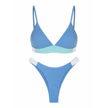 ZAFUL Ribbed Colorblock Cheeky Bikini Swimwear S Blue