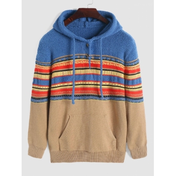 ZAFUL Men's ZAFUL Ethnic Printed Button Design Hooded Sweater S Coffee