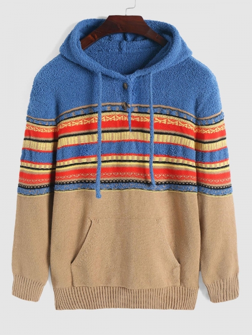 ZAFUL Men's ZAFUL Ethnic Printed Button Design Hooded Sweater S Coffee