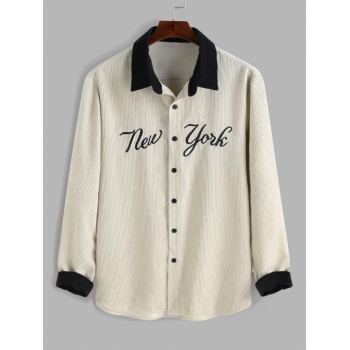 ZAFUL Men's ZAFUL Color Spliced Letter New York Embroider Corduroy Shirt M Light coffee