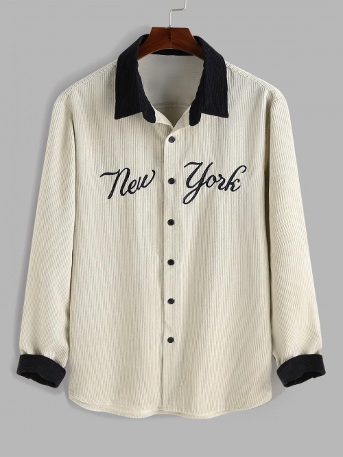 ZAFUL Men's ZAFUL Color Spliced Letter New York Embroider Corduroy Shirt M Light coffee