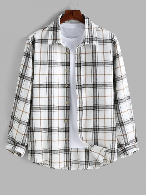 ZAFUL Men's ZAFUL Plaid Pattern Button Front Long Sleeves Flannel Shirt Xxl White