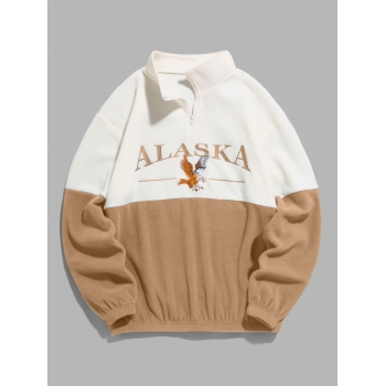 ZAFUL Men's ZAFUL Quarter Zip Design ALASKA Embroider Two Tone Polar Fleece Sweatshirt S Coffee