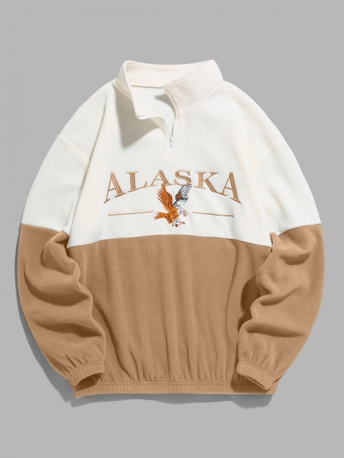 ZAFUL Men's ZAFUL Quarter Zip Design ALASKA Embroider Two Tone Polar Fleece Sweatshirt S Coffee