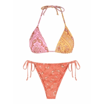 ZAFUL Ribbed Boho Paisley Print String Bikini Swimwear M Multi a